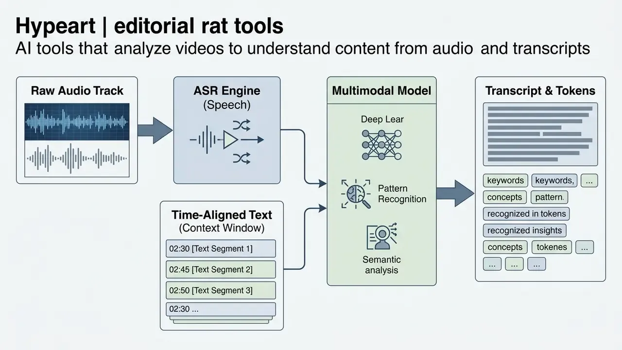 Diagram showing audio and time-aligned text being processed by a multimodal model into structured tokens