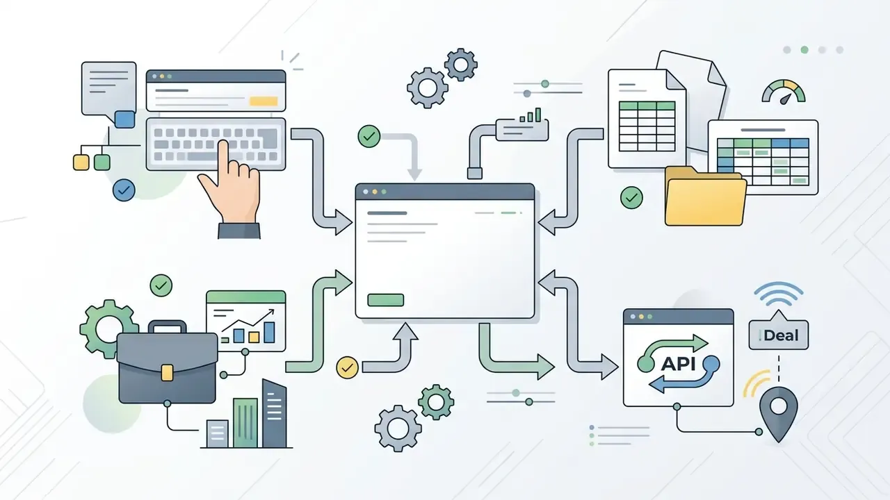 Central interface receiving data inputs from manual typing, file uploads, and API deal records
