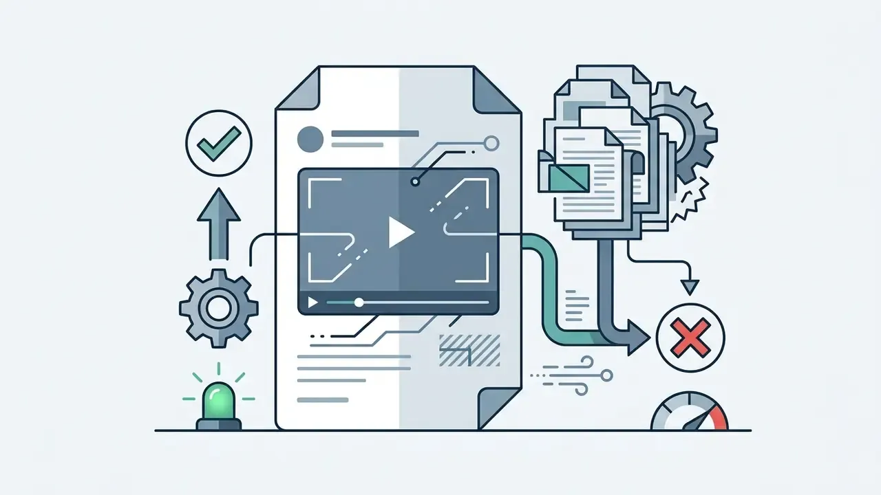 Video player interface processing documents through gears toward success and error indicators