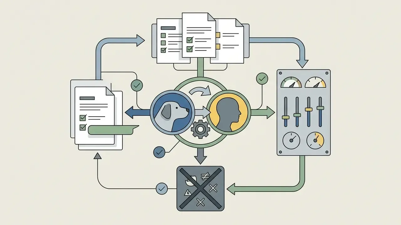 Circular process connecting dog and human icons with documents, control sliders, and exclusion symbols