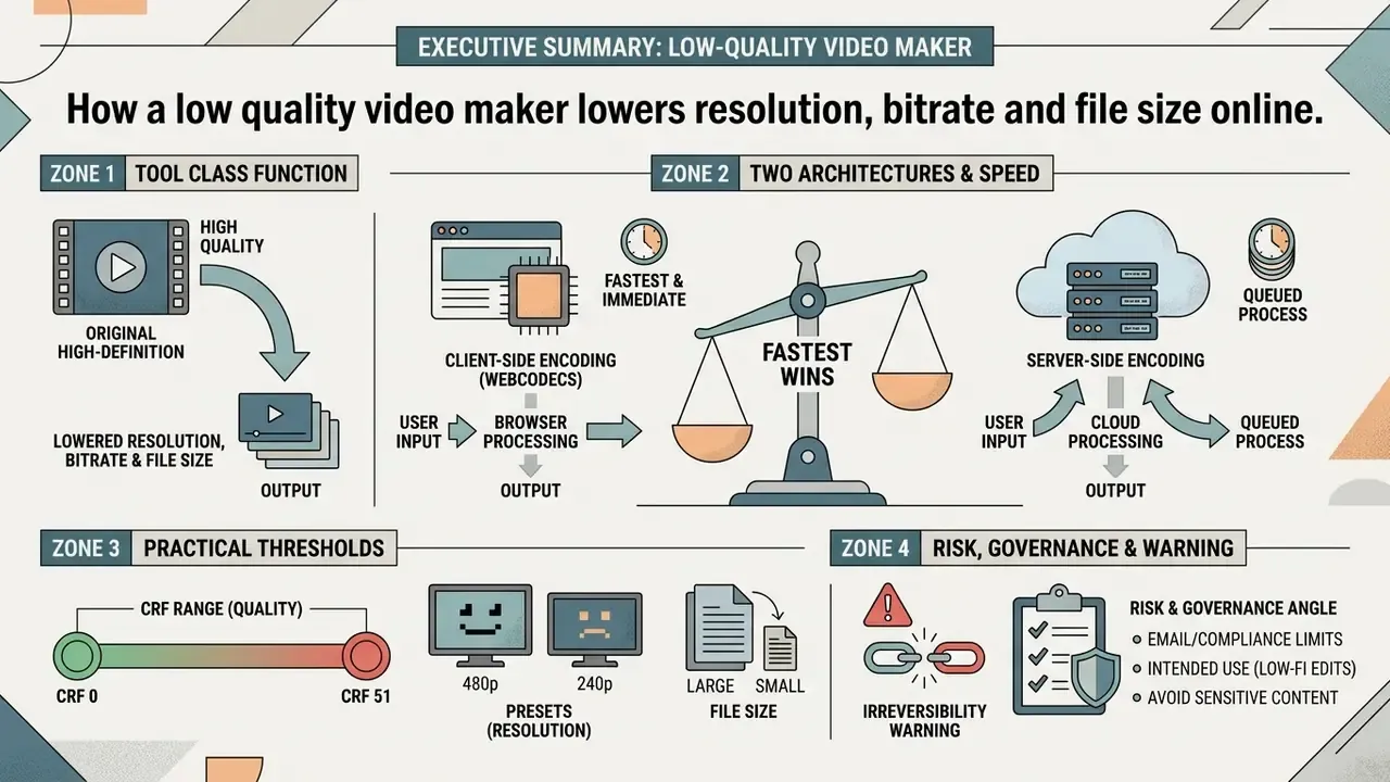 Infographic comparing client-side and server-side video encoding architectures and quality thresholds