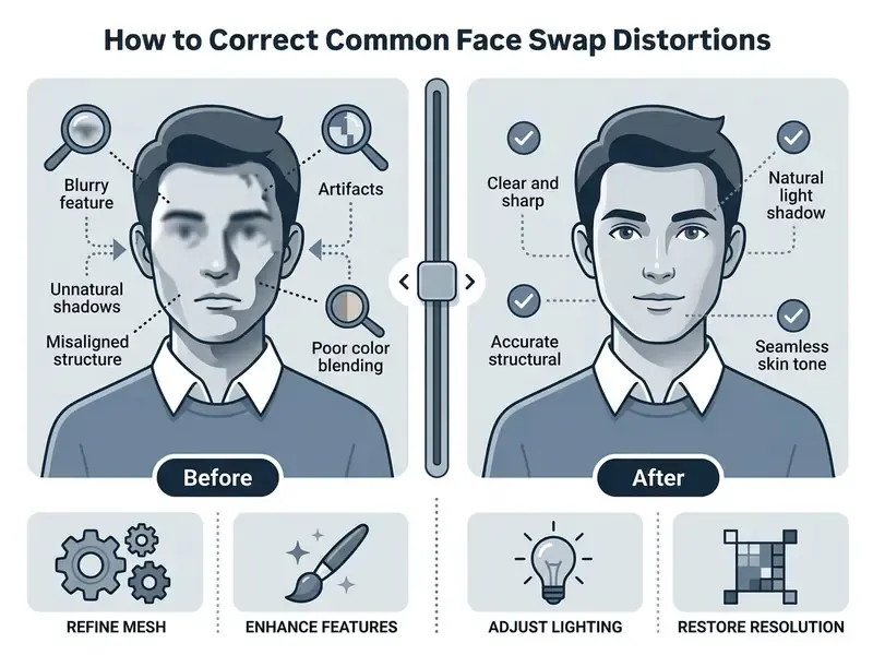 Comparison slider showing a distorted face on the left and a corrected, clear version on the right