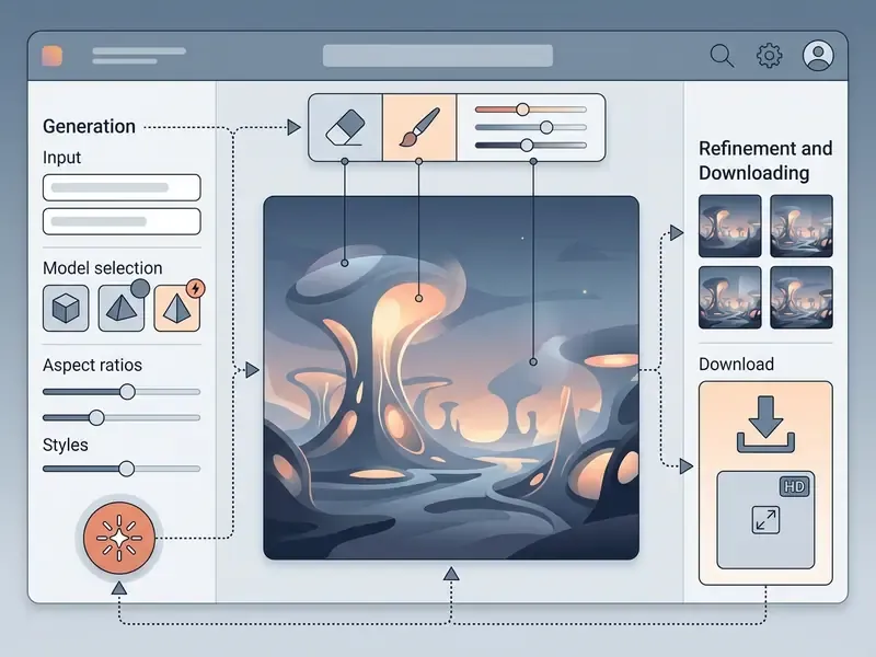 Software interface showing tools for editing a surreal landscape with input fields and download options
