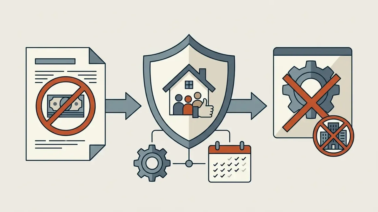 Document with a no-money symbol flowing into a shield with a home icon, gear, and calendar