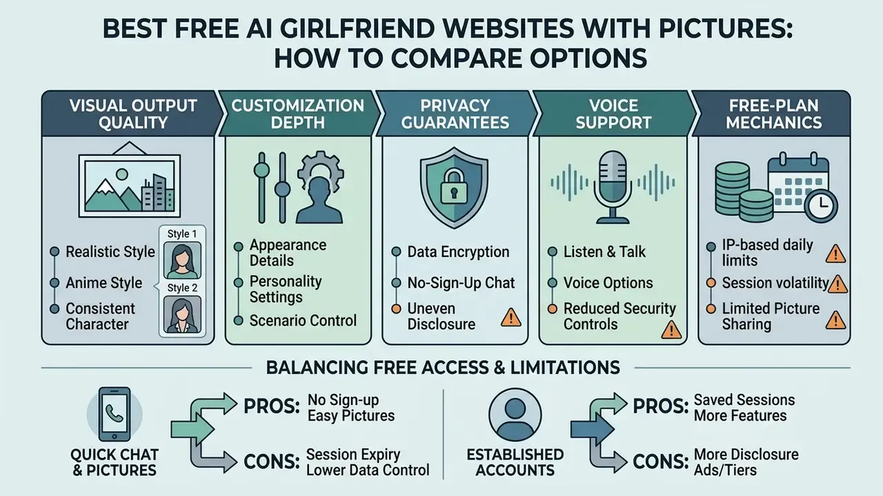 Comparison chart breaking down platform features like visual quality, privacy, and free access limitations