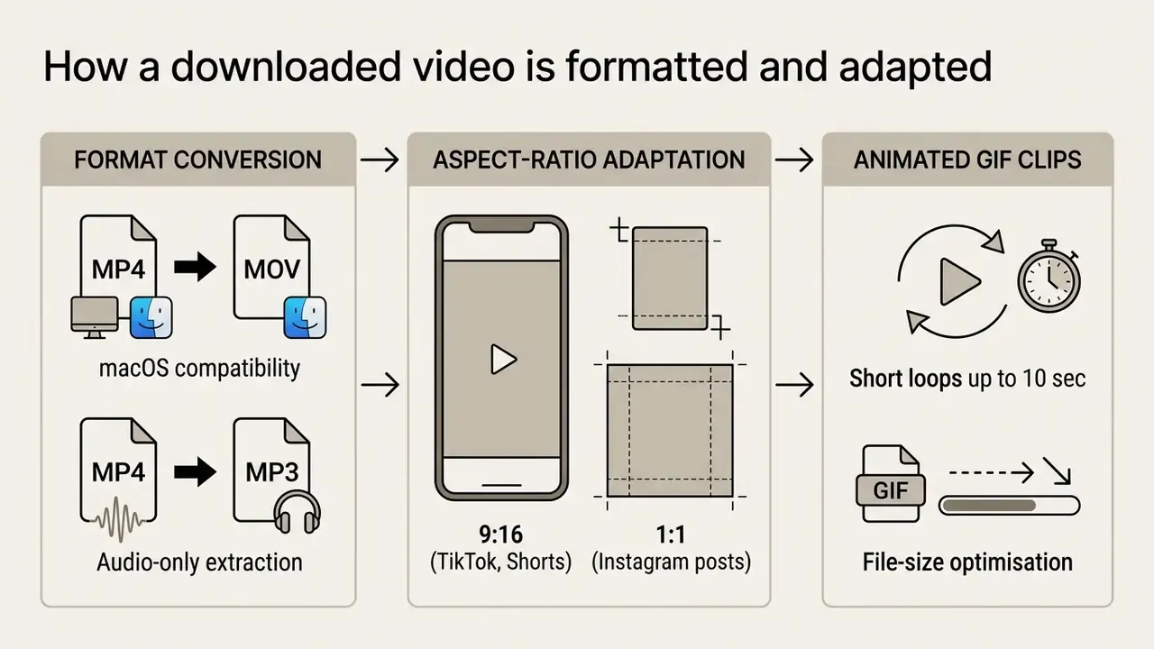 Three-step process diagram showing video format conversion, aspect ratio resizing, and animated GIF creation