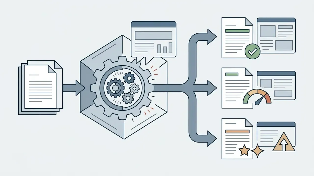 Diagram showing an AI headline generator processing input documents into multiple output variations
