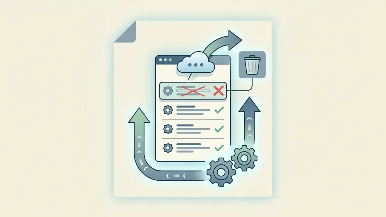 List with a crossed out item moving to a trash icon while other items move through a gear mechanism