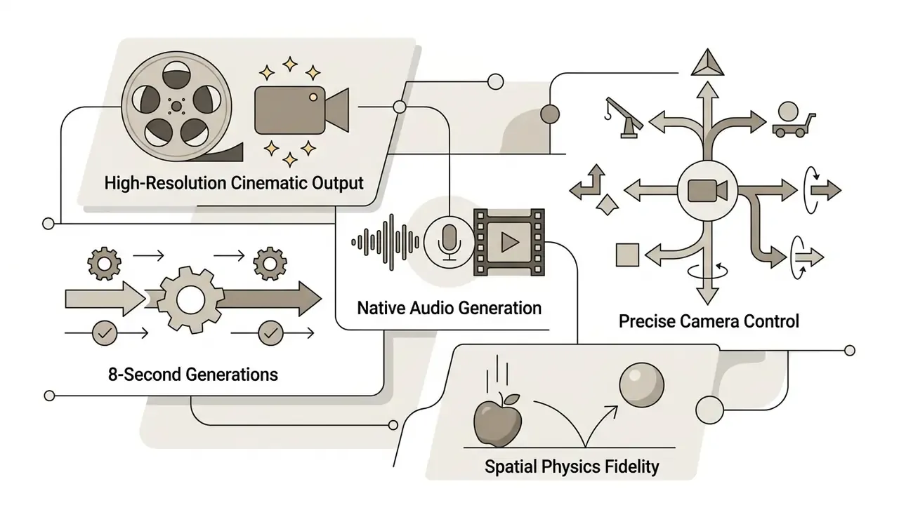 Visual map of cinematic video features including camera movements, audio generation, and physics simulation