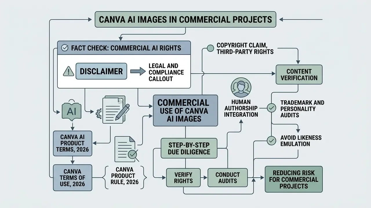 Flowchart outlining legal compliance and due diligence steps for using Canva AI images commercially