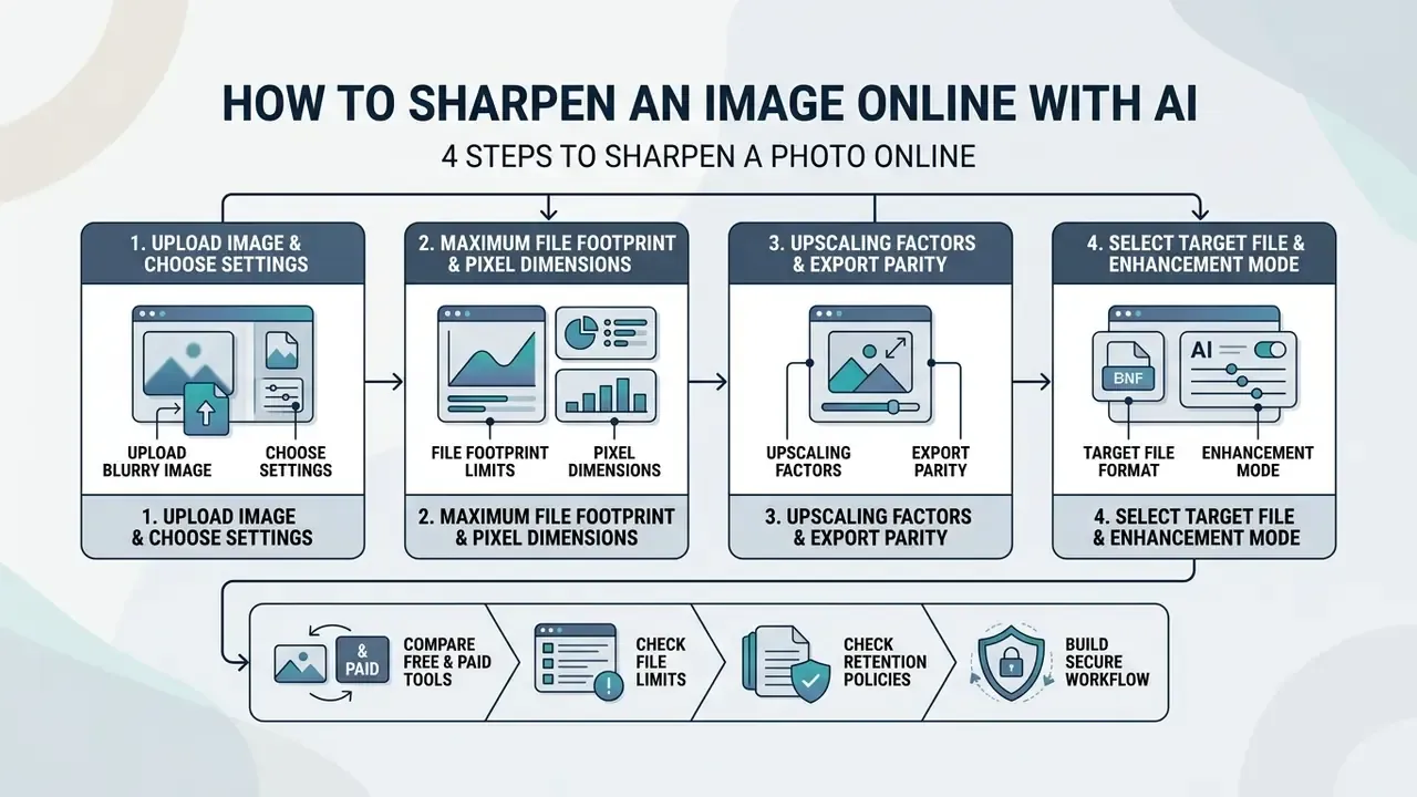 Four step diagram detailing the workflow to sharpen an image online using AI tools and settings