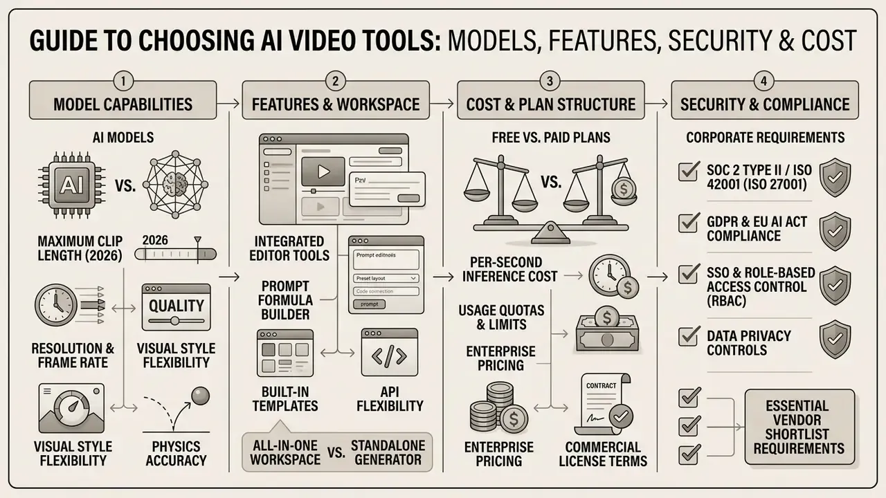 Four-step guide comparing model capabilities, workspace features, pricing structures, and security compliance