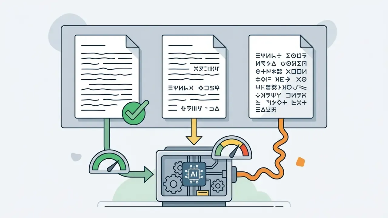 Three documents with different scripts feeding into a mechanical processor with an AI chip and gauges