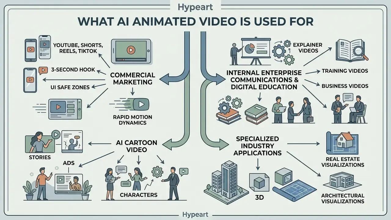 Infographic mapping diverse use cases for AI animated video across marketing and industry sectors