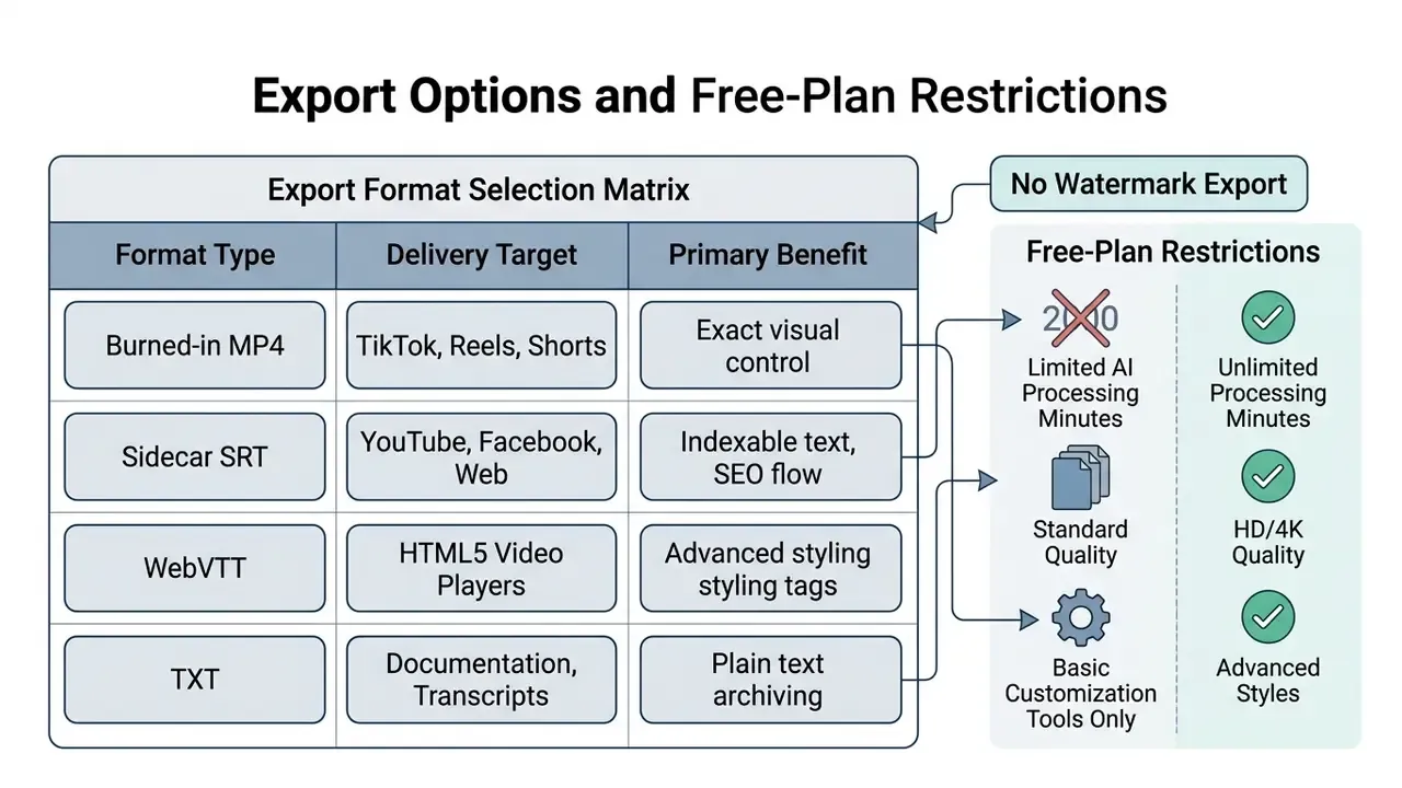 Table mapping subtitle file formats to delivery targets and benefits alongside free plan limitations
