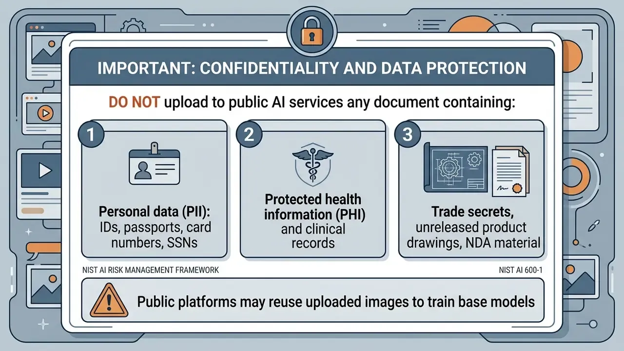 Warning notice listing three categories of sensitive data that should not be uploaded to public AI services