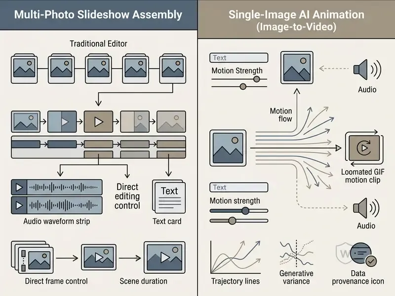Comparison diagram showing sequential slideshow assembly versus single image AI motion generation