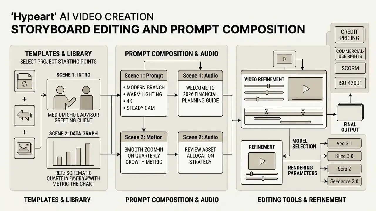 Process diagram showing storyboard editing steps from template selection to final video refinement