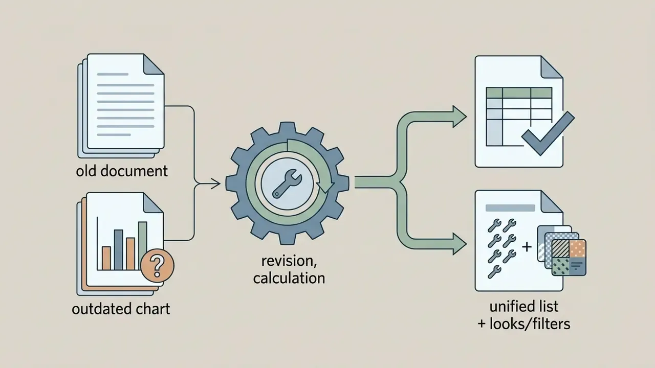 Workflow reconciling document data and charts into a unified list of editing tools and filters
