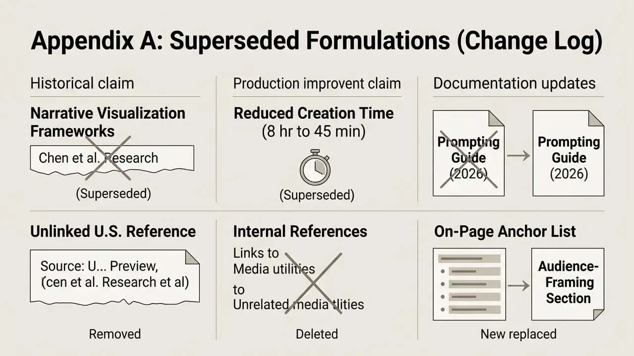 Table showing historical claims, production improvements, and documentation updates with crossed-out text