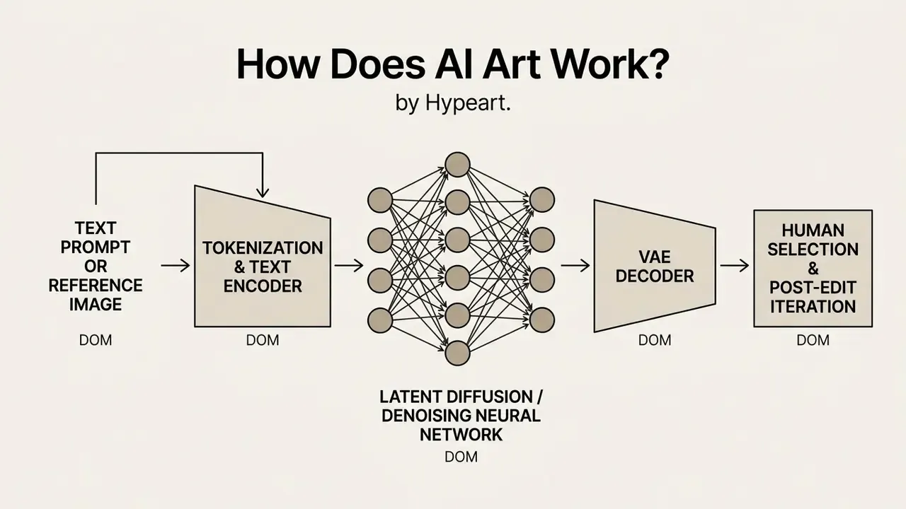Flowchart showing steps from text prompt to neural network processing and final human iteration