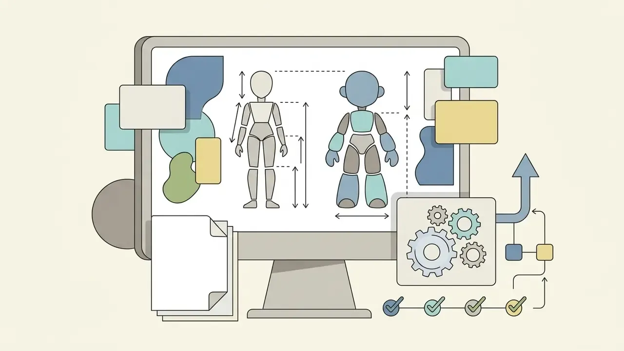 Computer screen displaying doll body proportions and mechanical gears linked to a progress checklist