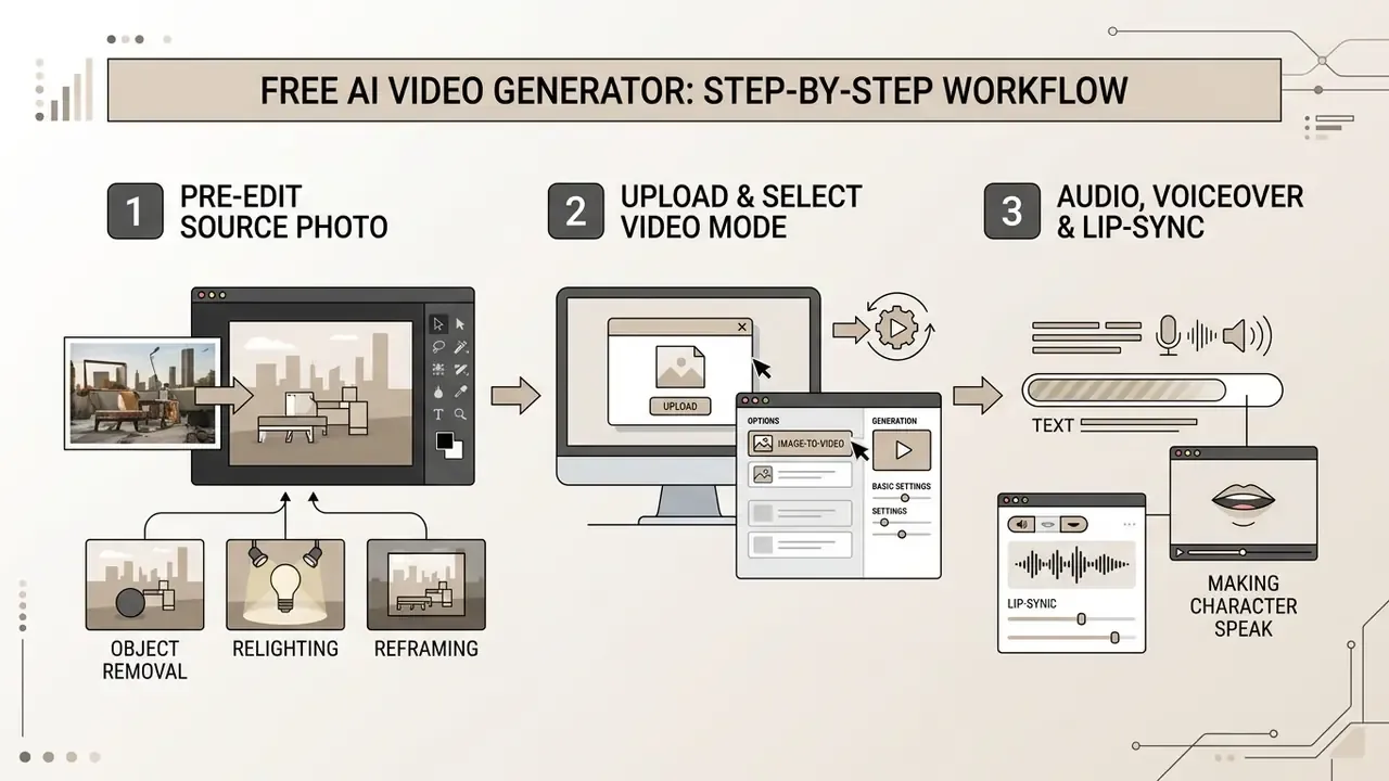 Three-step diagram showing photo editing, file uploading, and audio synchronization for video creation