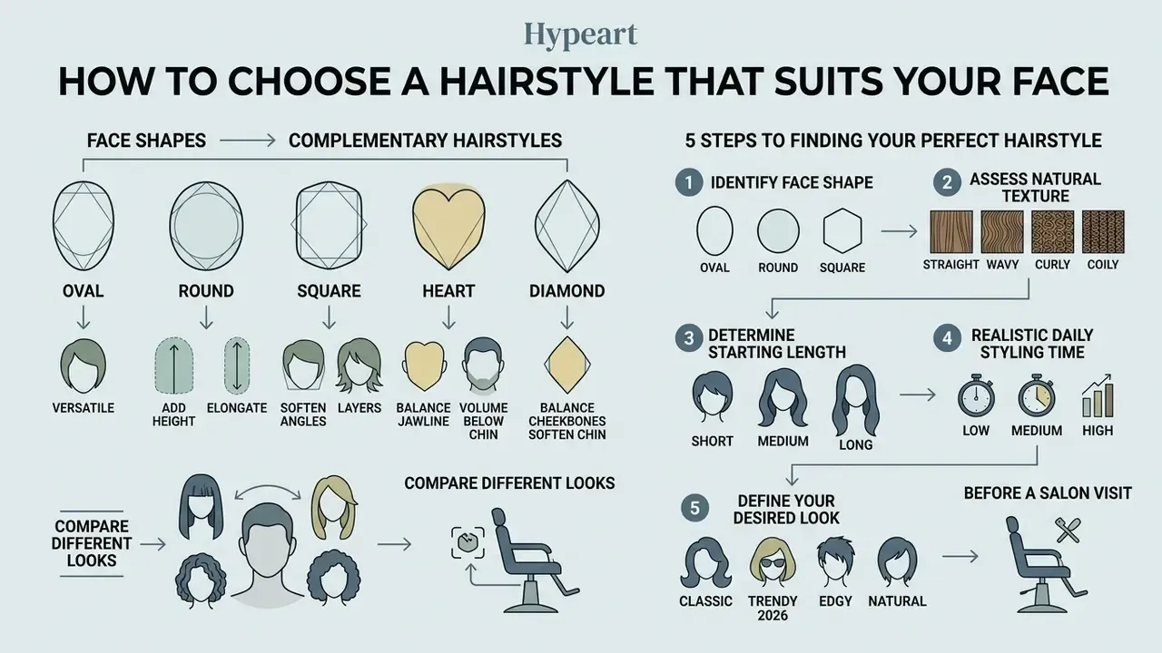 Infographic mapping face shapes to matching hairstyles and a five step guide for salon preparation
