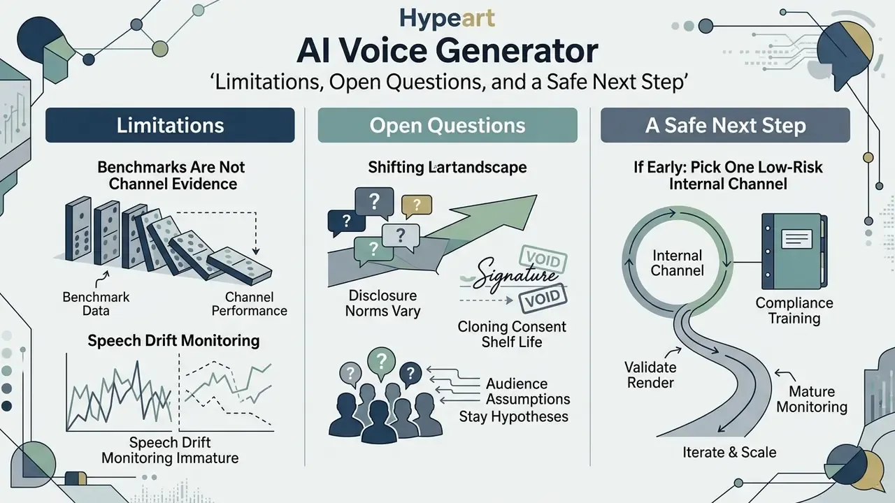 Three-column infographic detailing synthetic speech challenges, unresolved issues, and implementation steps