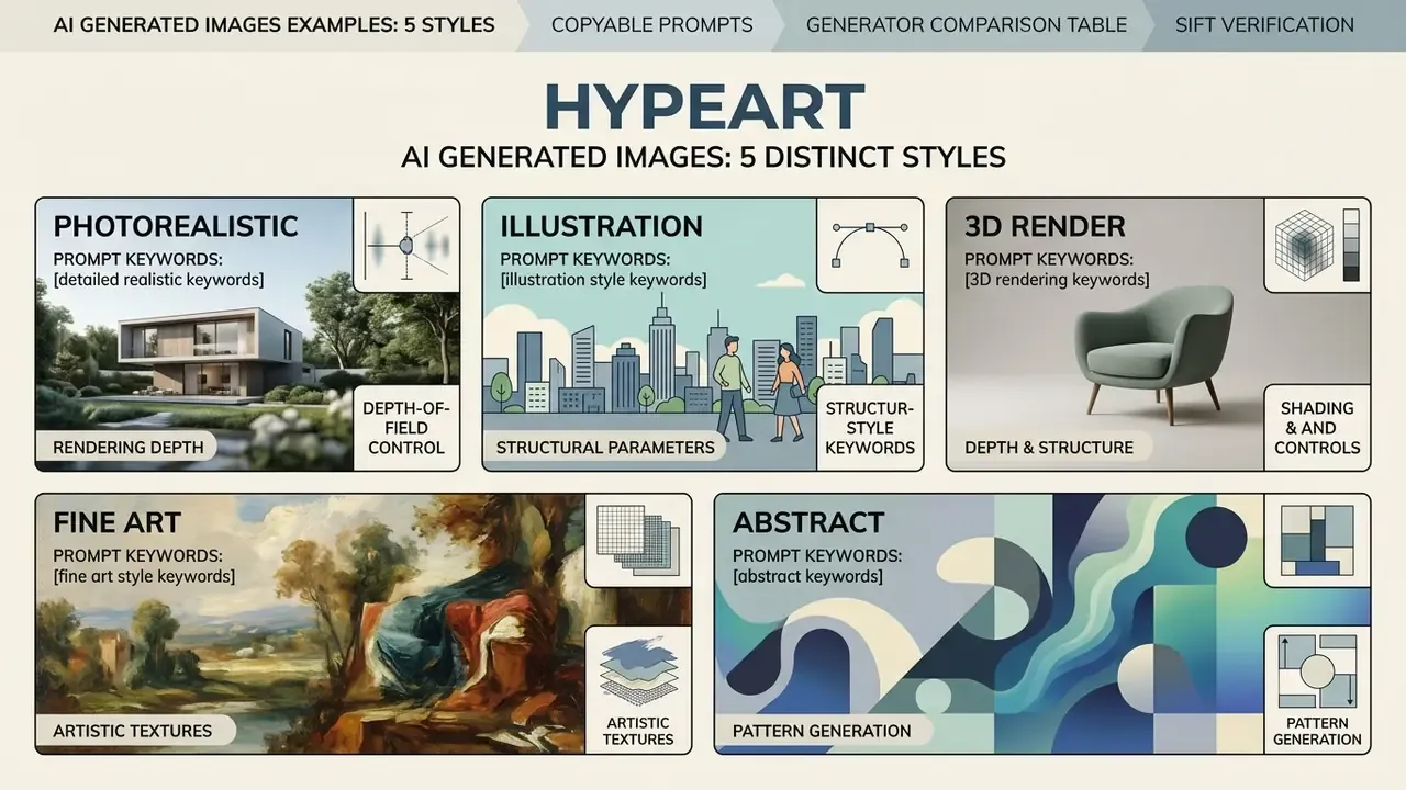 Infographic displaying five distinct AI generated image styles including photorealistic, illustration, and 3D