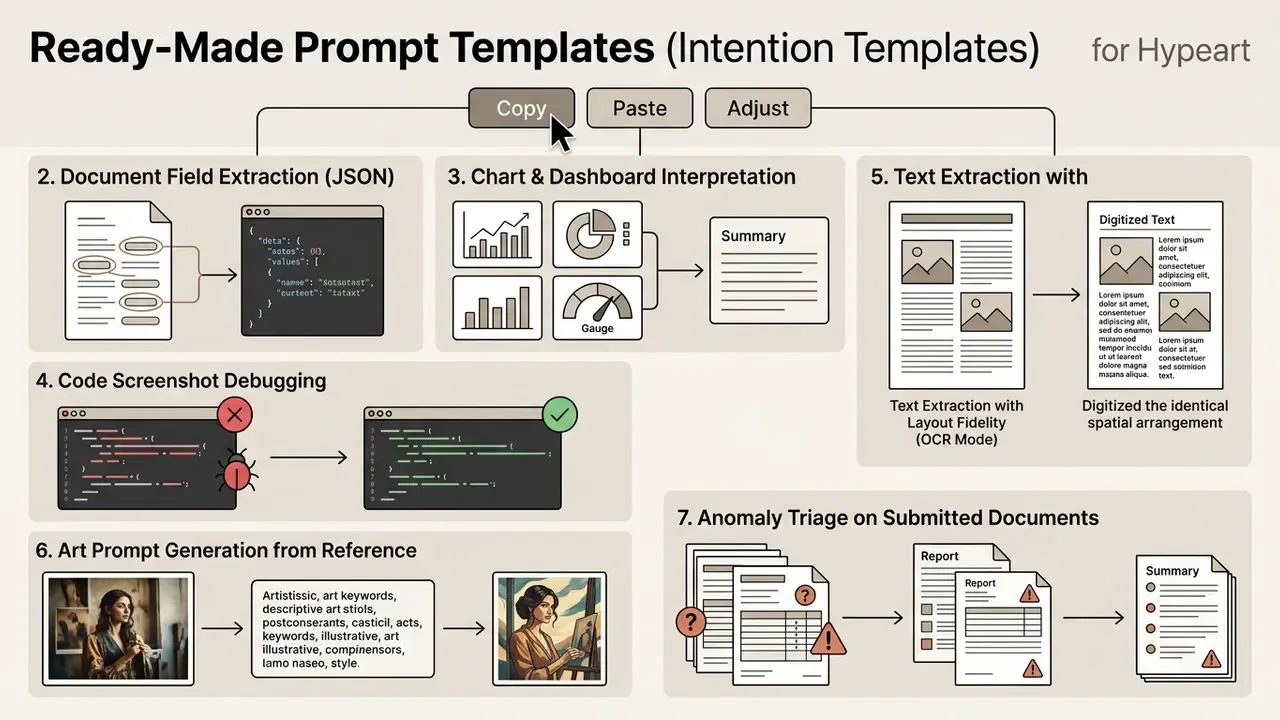 Six numbered workflow diagrams showing tasks like document extraction, code debugging, and image analysis
