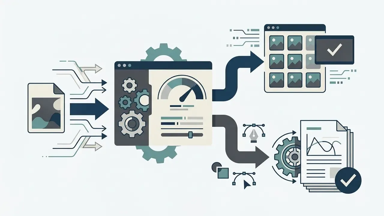 Data file flowing into a processing engine that exports optimized image grids and verified documents