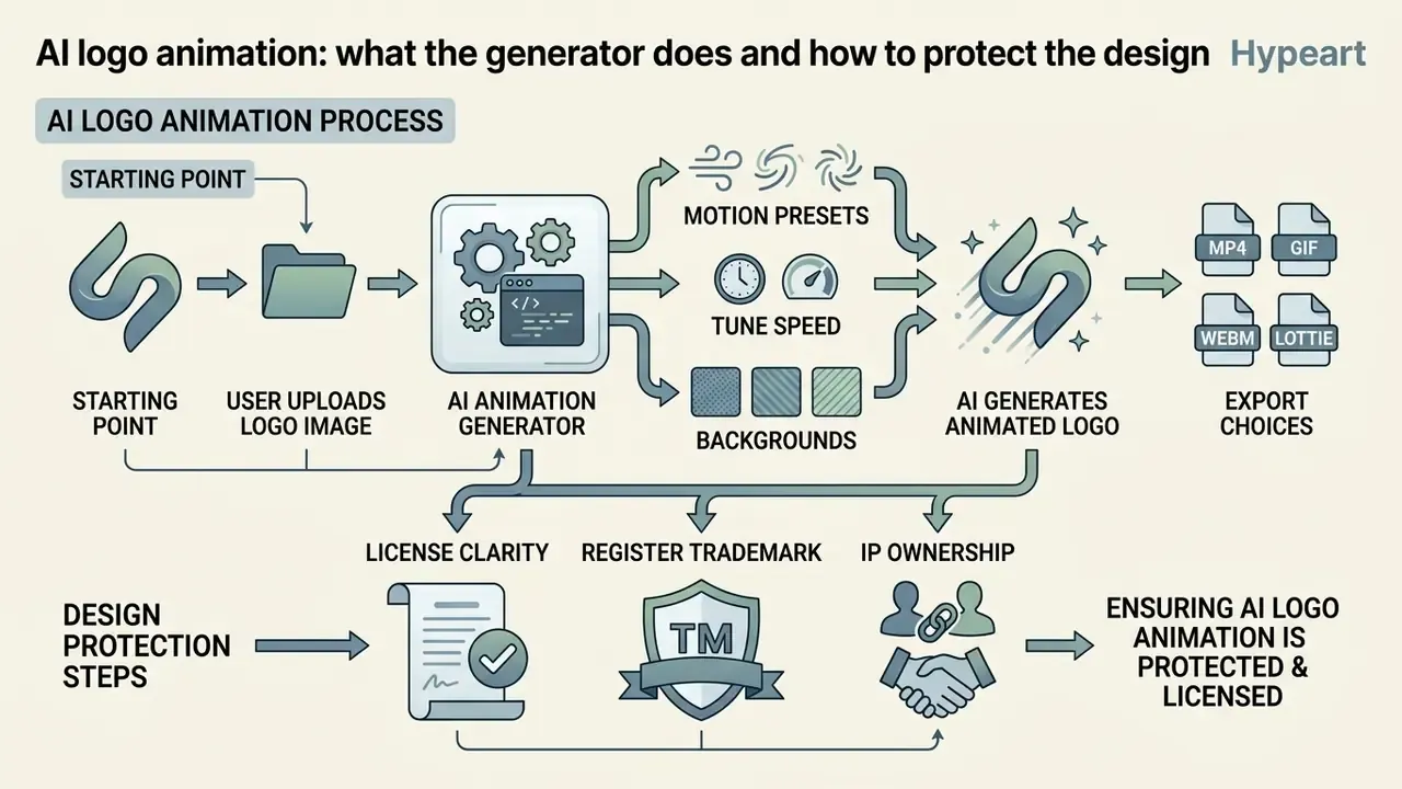 Diagram showing the workflow from logo upload and AI processing to final file export and legal protection