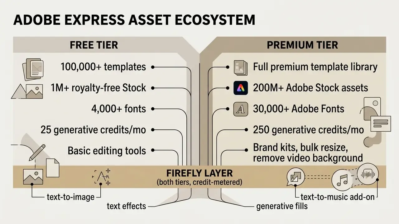 Comparison chart detailing asset differences between Adobe Express free and premium subscription tiers