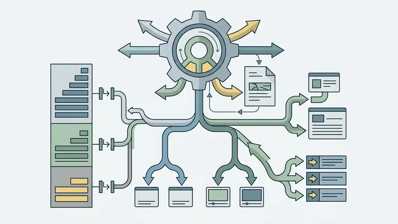 Central gear mechanism distributing data streams to various document and web display icons