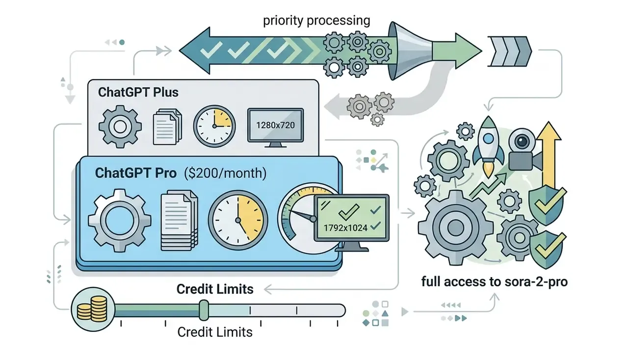 Comparison of ChatGPT Plus and Pro subscription features including resolution, clip duration, and credit limits