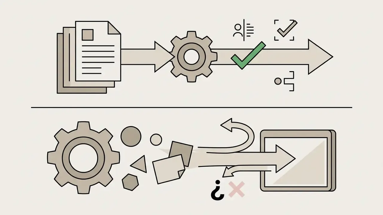 Documents passing through a gear for successful validation versus fragmented data failing a screen