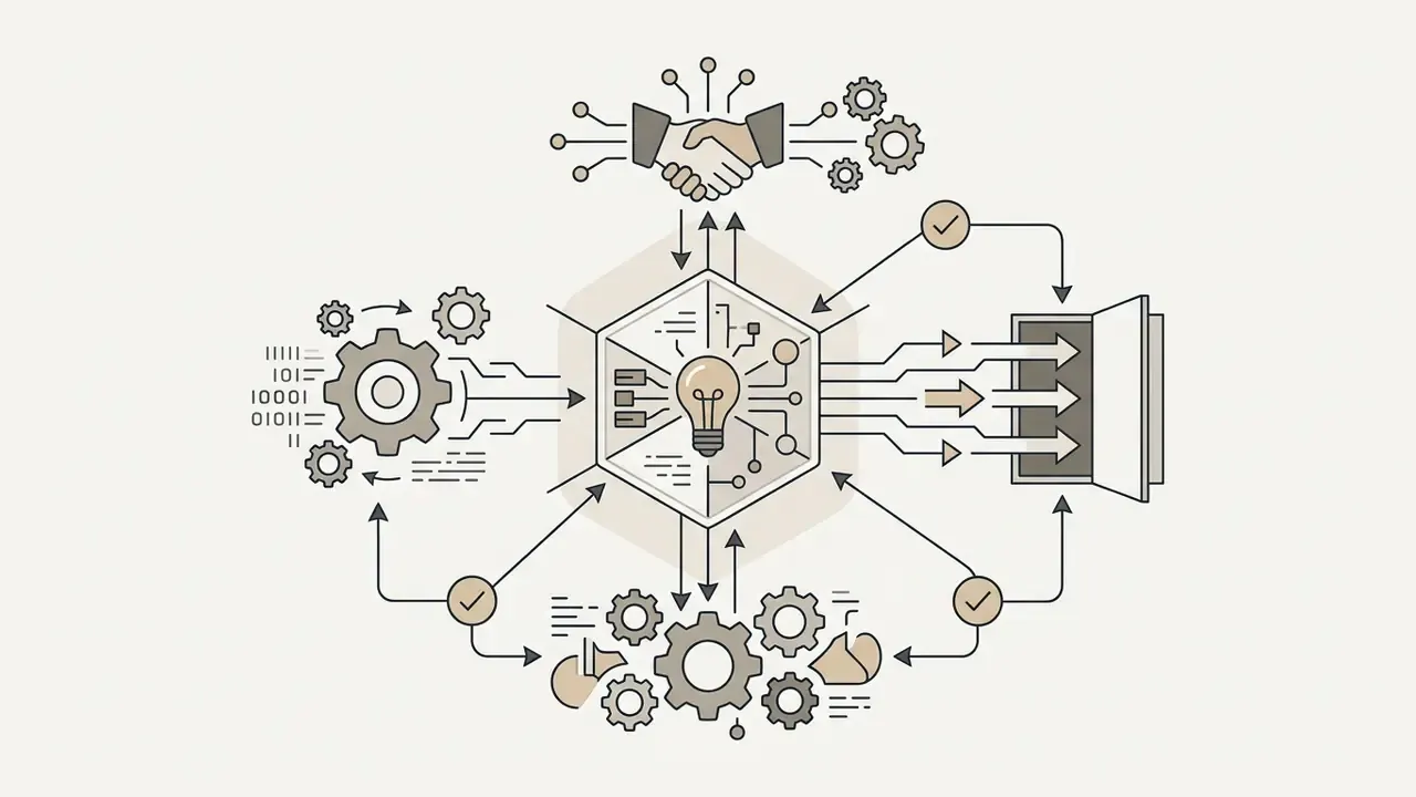 Lightbulb icon inside a hexagon connected to gears, a handshake, and data flowing into an open vault