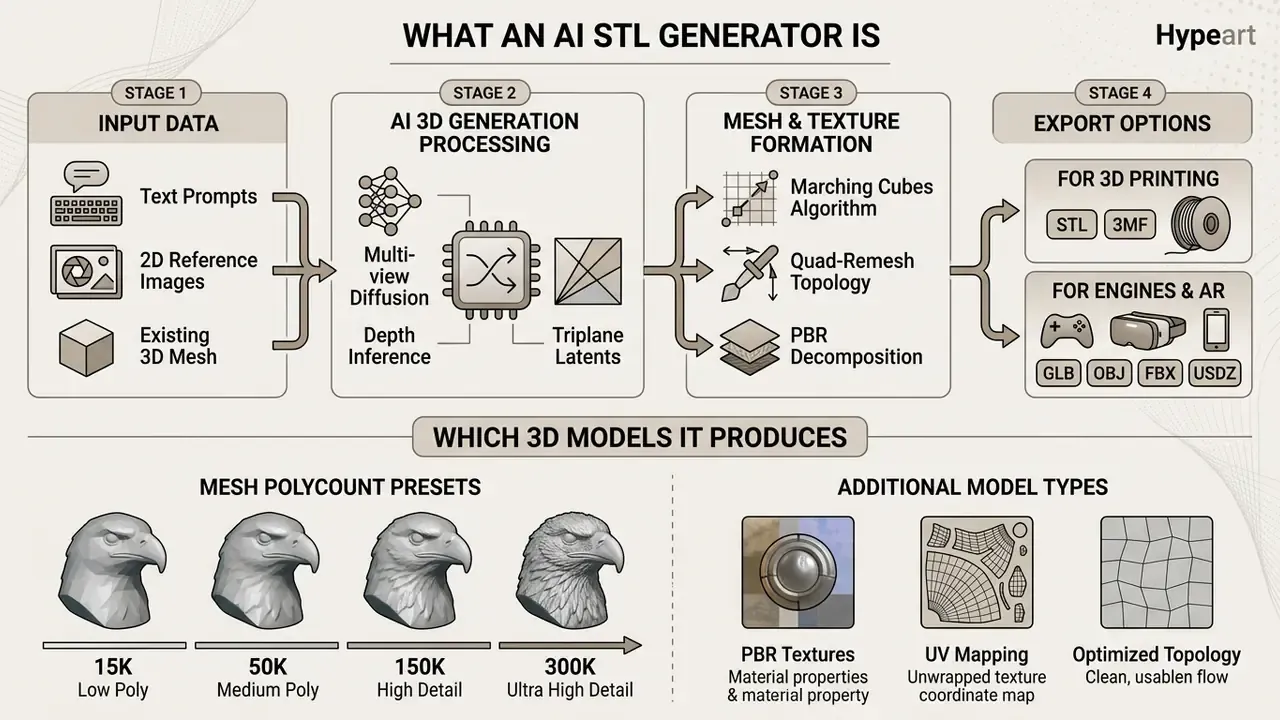 Flow chart showing the four stages of an AI STL generator process from input data to final file export