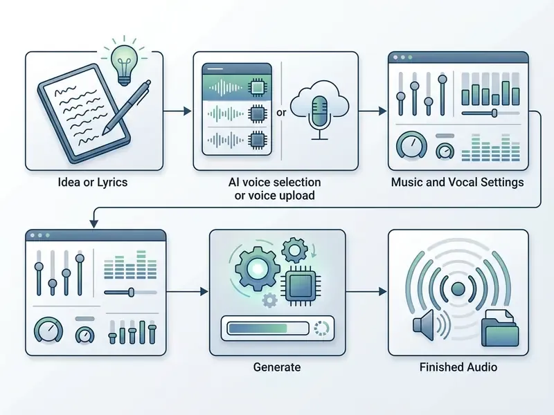Step-by-step process flow from writing lyrics and selecting a voice to adjusting settings and exporting audio