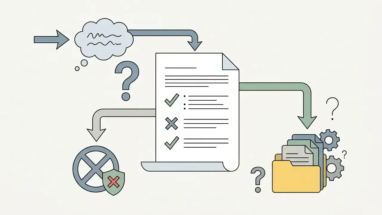 Prompt cloud feeding into a checklist document that branches toward a restricted shield and file folder