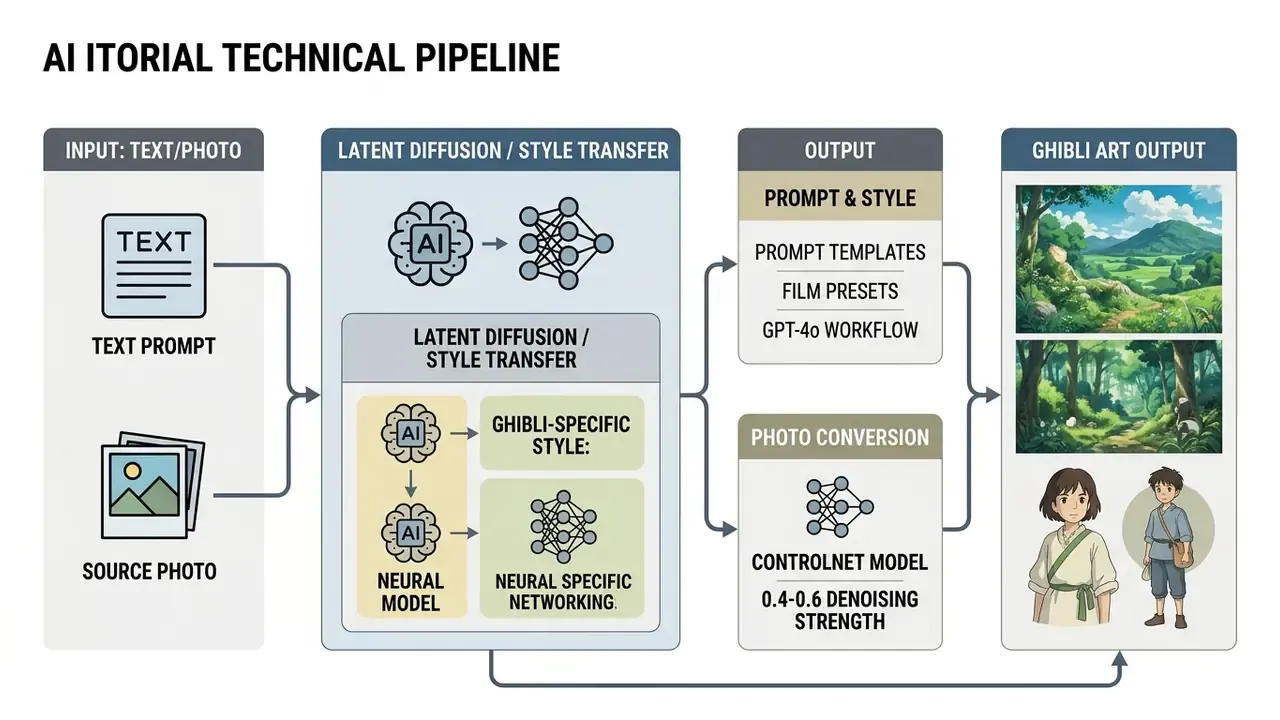 Technical diagram showing the workflow from text or photo input to Ghibli style AI image generation