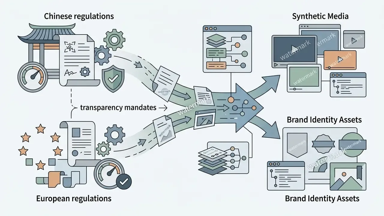Regulatory documents feeding into a central processing unit to add watermarks to synthetic media and branding