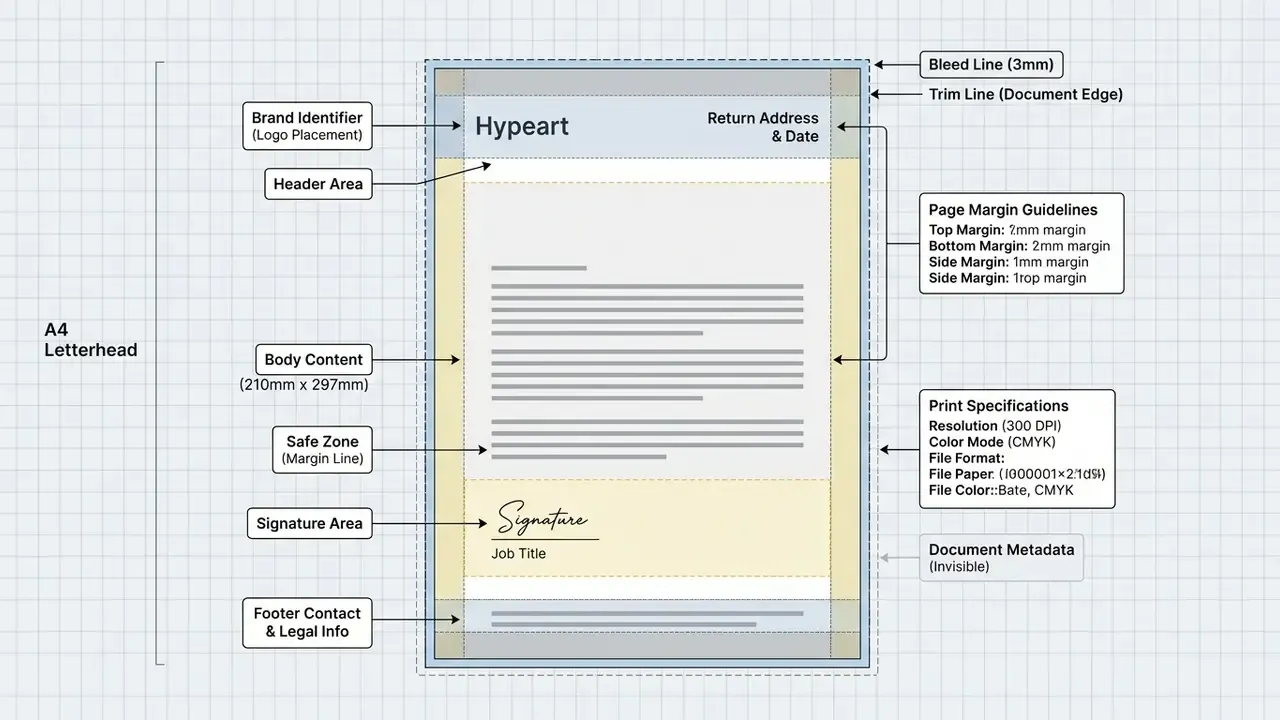 Detailed diagram labeling the bleed, margins, and content zones of an A4 stationery page layout
