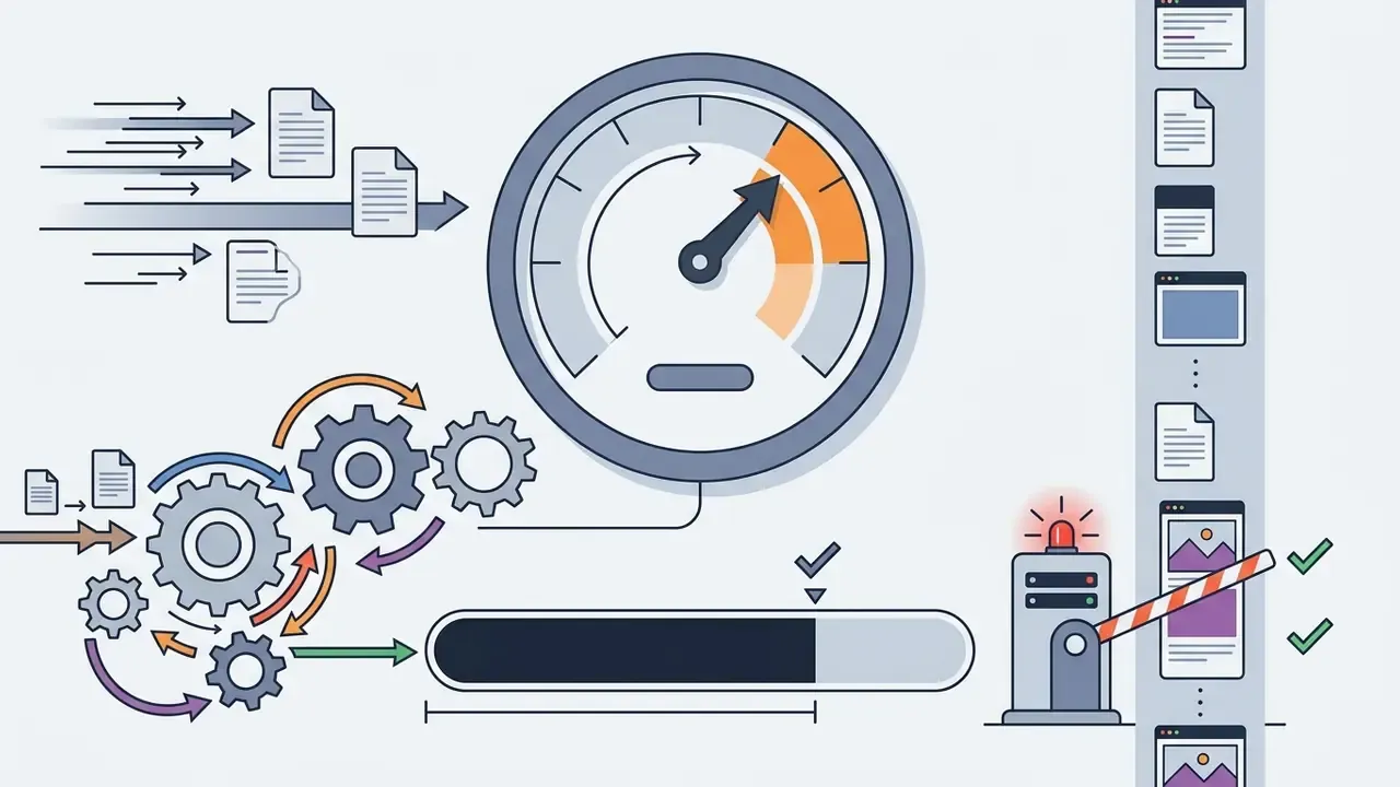 Speedometer gauge monitoring a gear system that feeds into a progress bar and a gated document stream