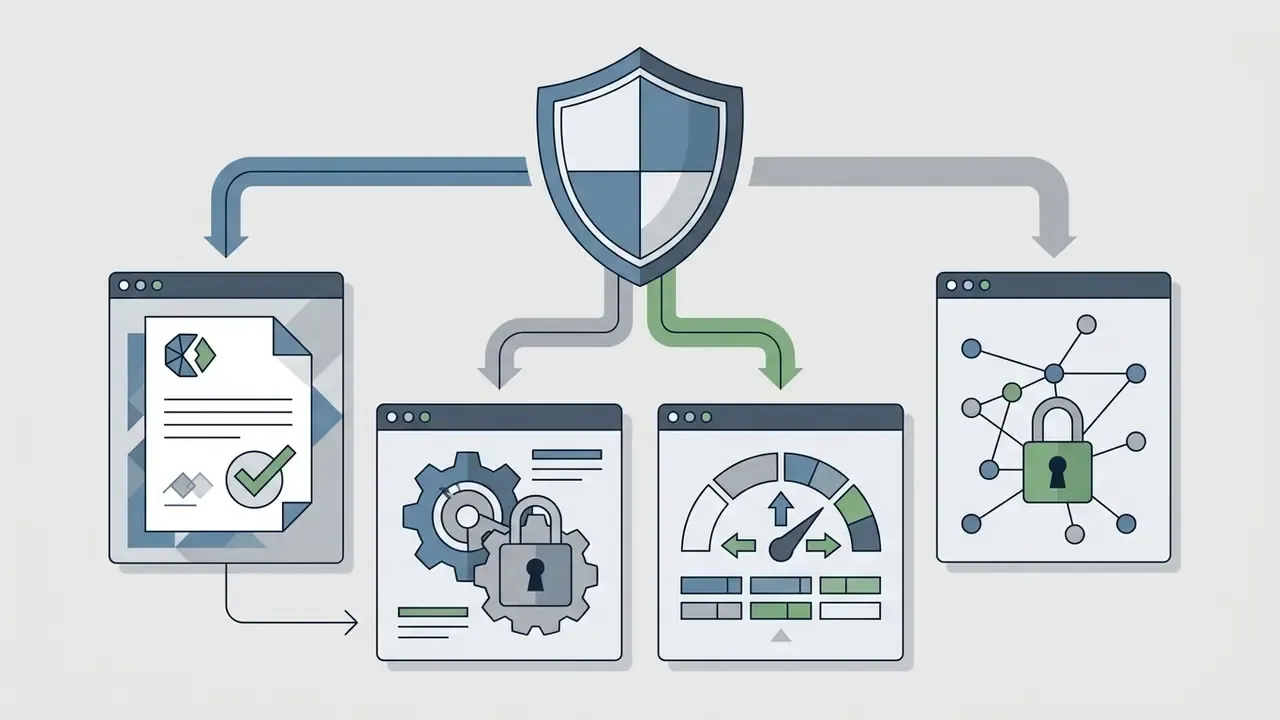 Central shield icon branching into four windows showing documents, gears, gauges, and network security nodes