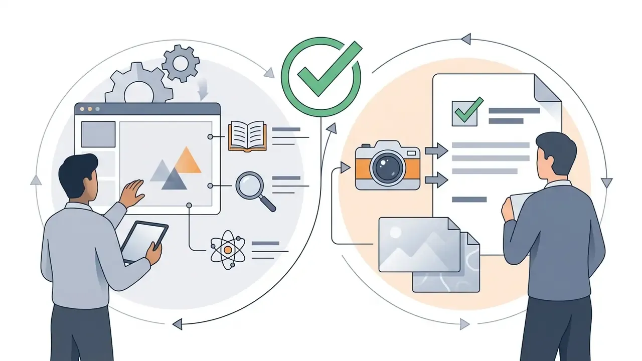 Two people using digital tools to organize research and camera assets into approved documents