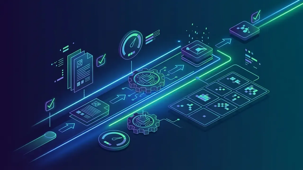 Isometric neon line art showing a data processing pipeline with gears, gauges, and a pixel sprite sheet