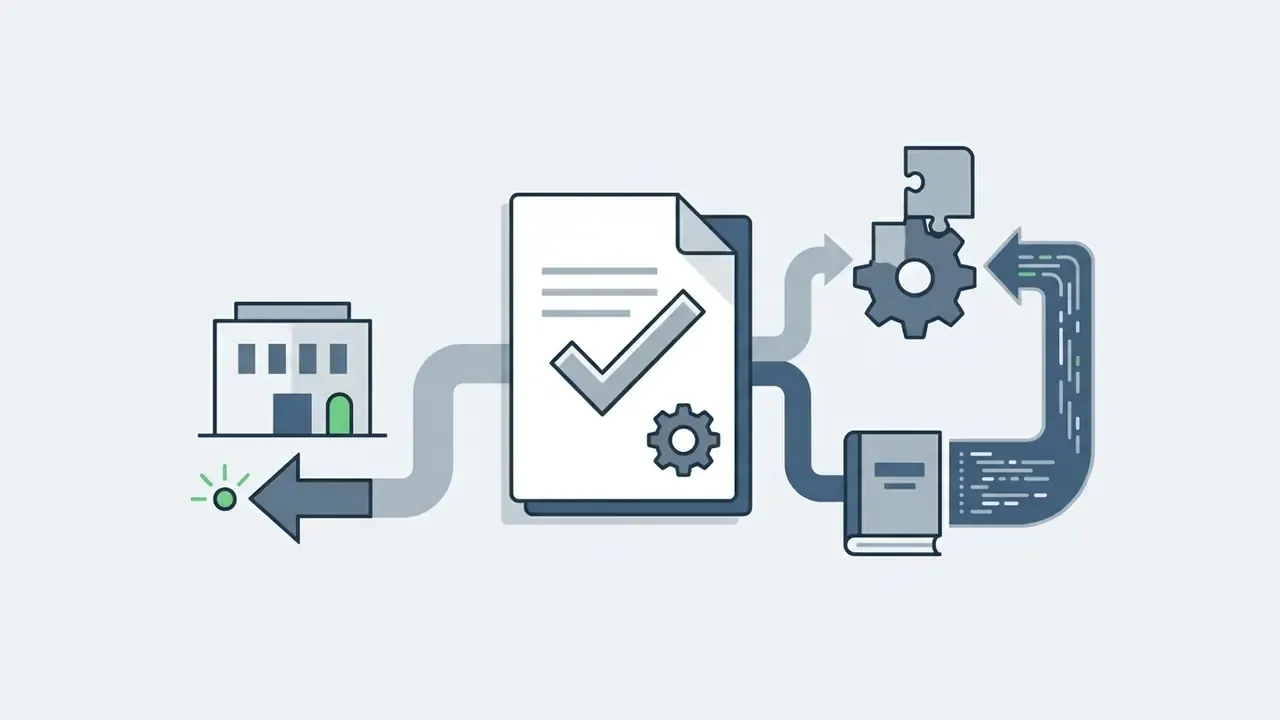 Document with a checkmark connecting to software gears, a reference book, and a corporate building icon