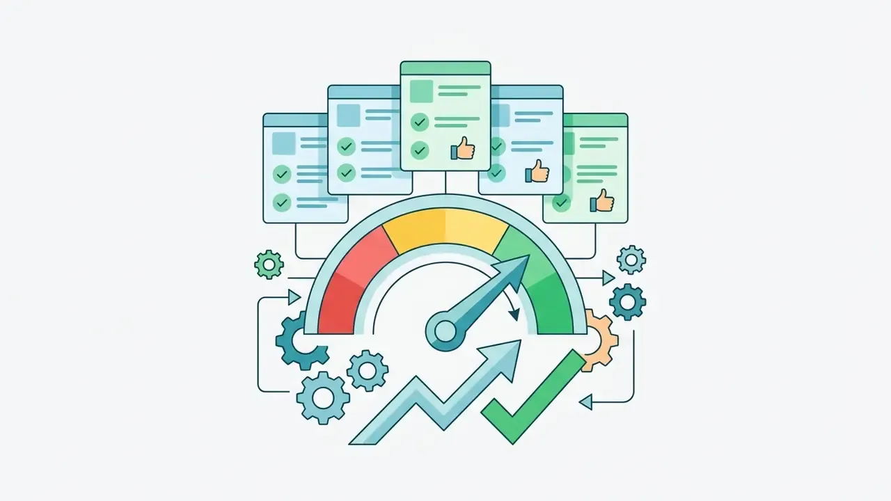 Feedback forms with checkmarks and thumbs up icons feeding into a gauge and trend arrow